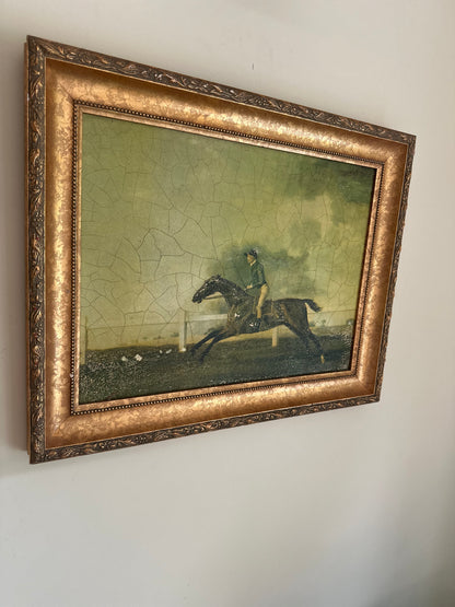 Framed oleograph of a racing horse vintage