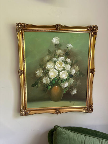 vintage framed floral painting signed large
