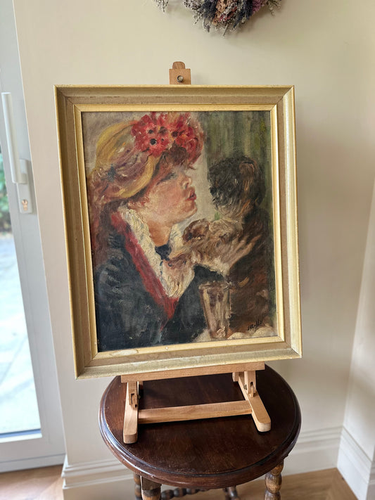 Vintage painting - oil on board signed framed- lady kissing dog