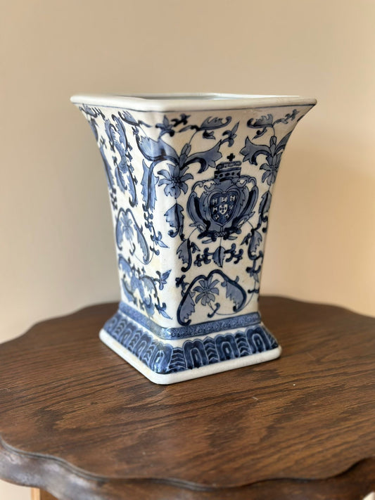 Vintage stonewear large trumpet vase floral display blue & white French