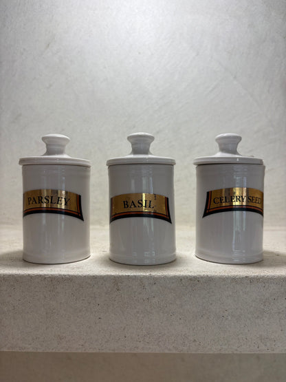 Trio of vintage spice pot in medical style