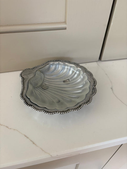 Shell vintage butter sauce dish trinket silver & glass
