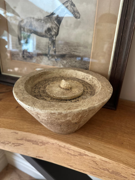 Vintage burner stone pot with etched writhing