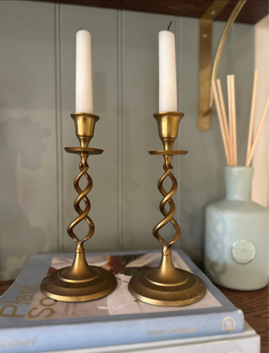 Barley twist brass candle stick holders pair