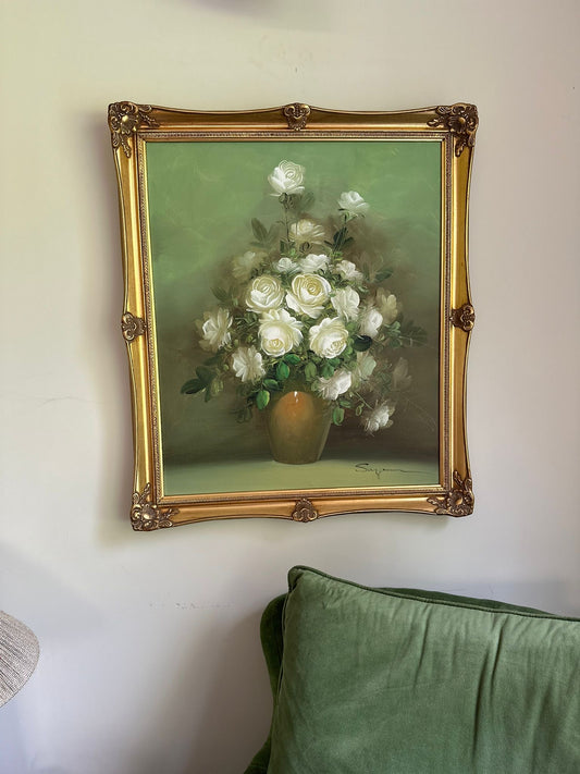 vintage framed floral painting signed large