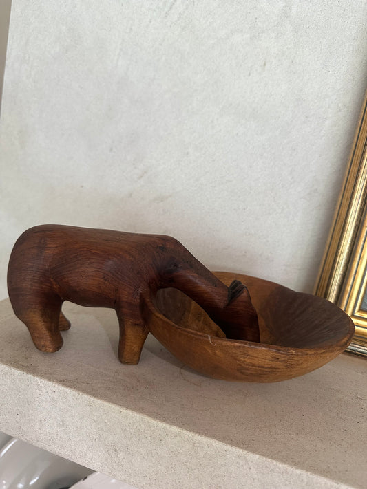 African hand carved watering hole nut trinket bowl folk art