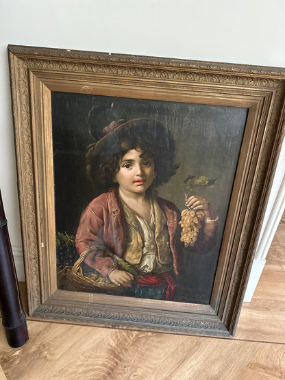 Boy with grapes large high quality oleograph painting picture framed signed