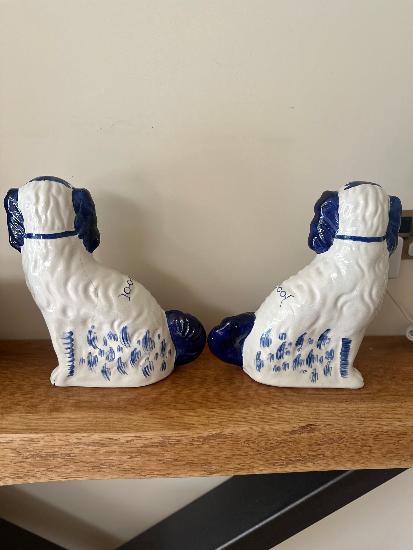 Pair of hand painted Staffordshire wally dogs large blue & white