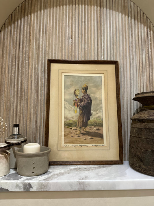 Vintage watercolour painting of Tibetan beggar signed & framed