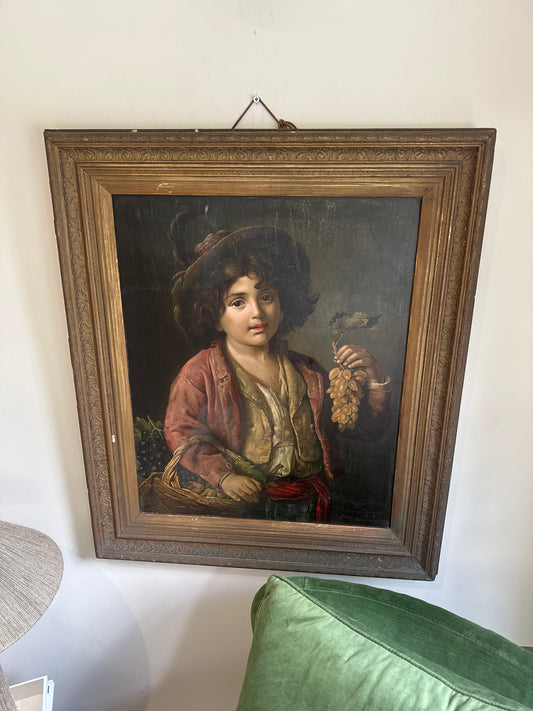 Boy with grapes large high quality oleograph painting picture framed signed