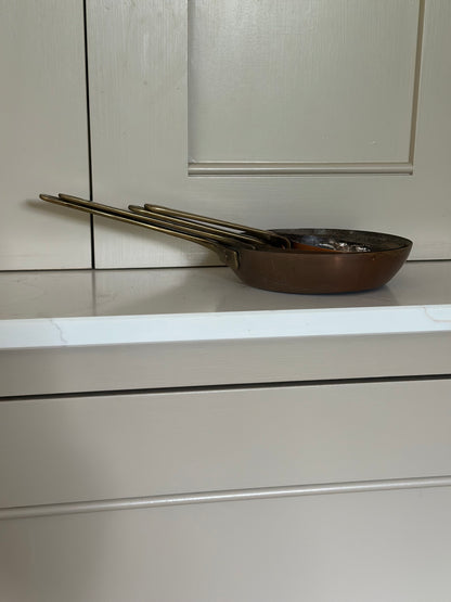 Set of 4 copper & brass hanging frying pans