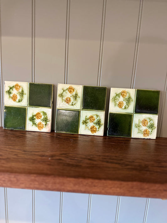 3 x vintage chequerboard tiles English roses