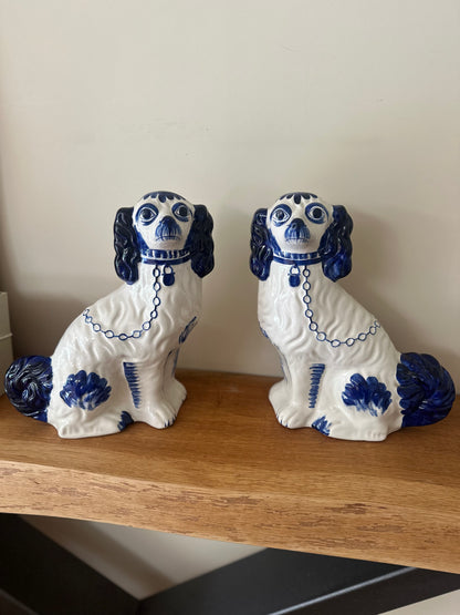 Pair of hand painted Staffordshire wally dogs large blue & white