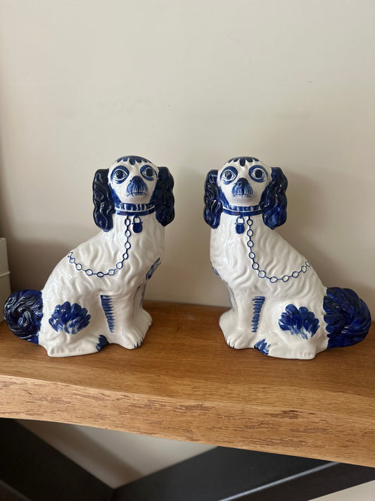Pair of hand painted Staffordshire wally dogs large blue & white