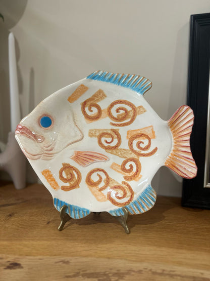 vintage signed studio pottery fish display plate
