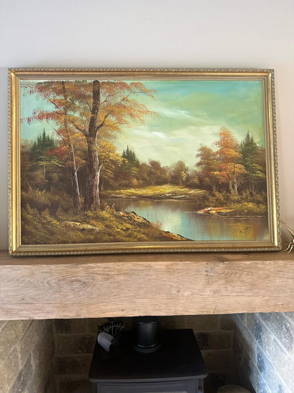 large oil country side scene framed signed