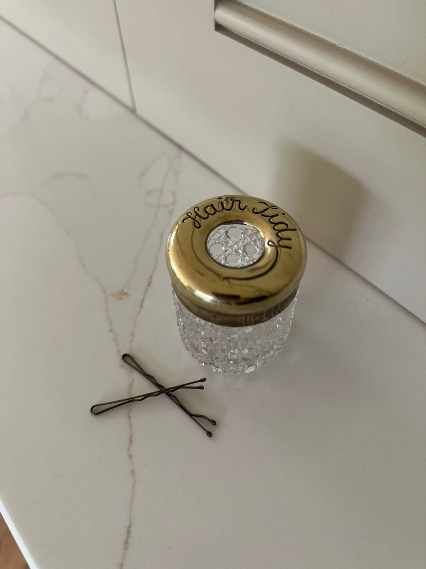 Hair tidy brass & glass pot