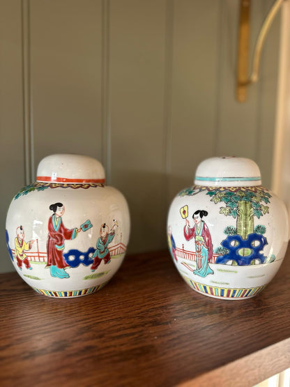 pair of vintage Chinese ginger jars with lids