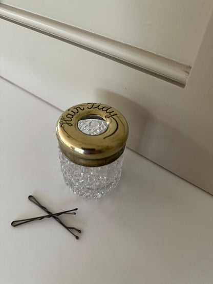 Hair tidy brass & glass pot