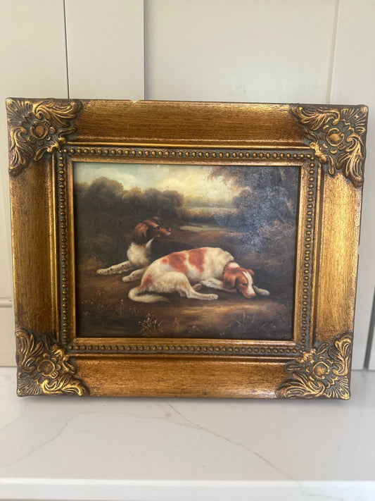 framed oleograph of dogs