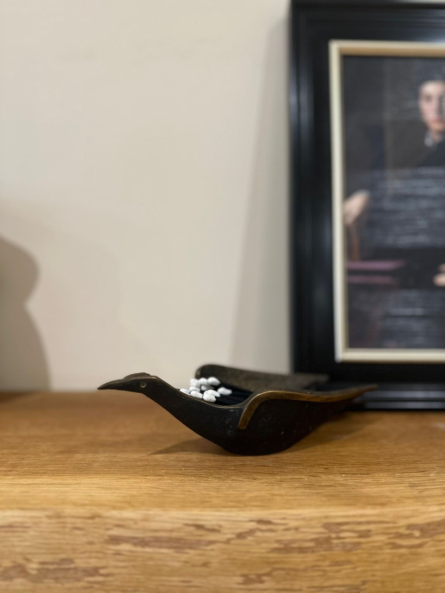 Mid century trinket dish bird black & brass