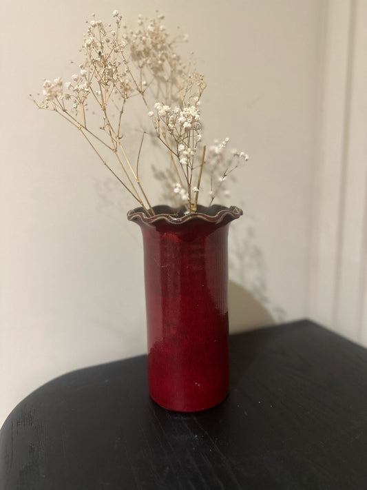 vintage studio pottery ruffle edge tall vase red